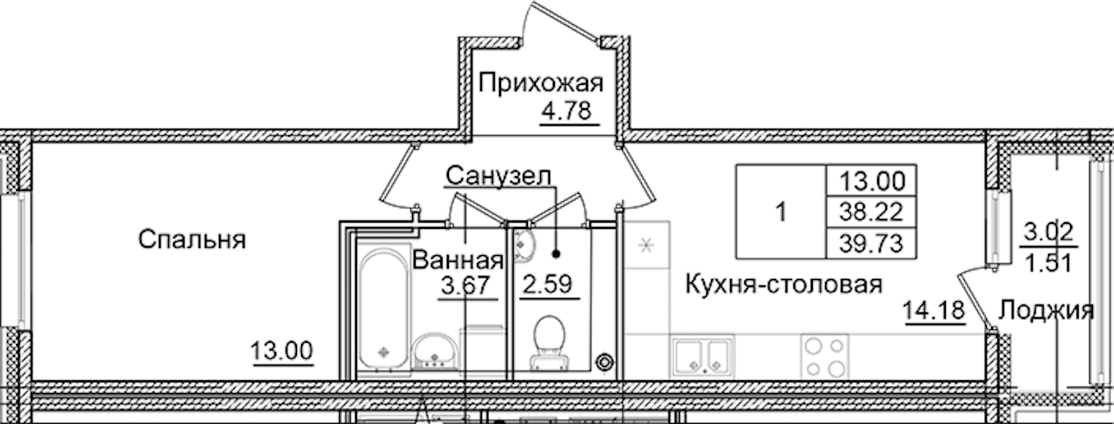 1-комнатная квартира 39.73 м², 2/9 эт., ЖК «Квартал Заречье»